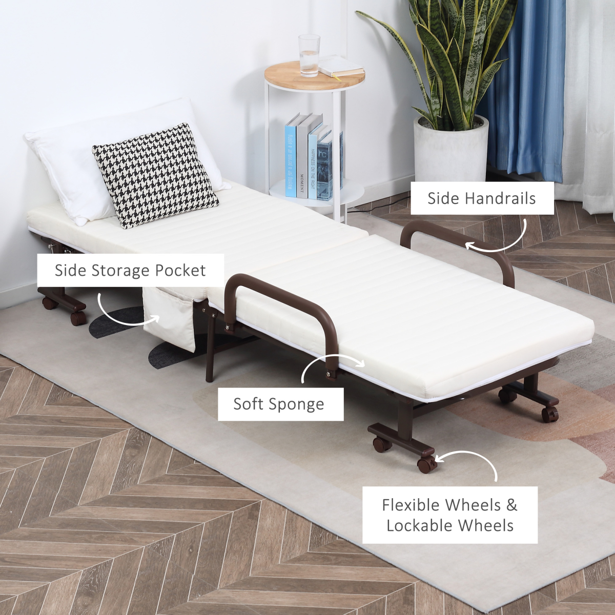Folding Bed with Mattress & Wheels, Adjustable Backrest, Brown