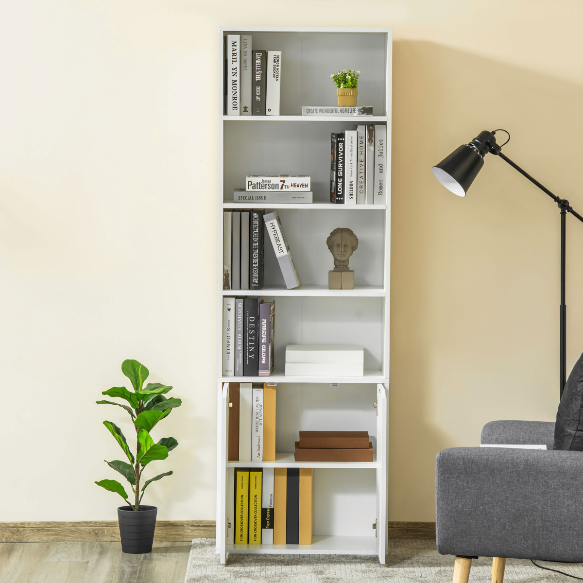 2 Door 4 Shelves Bookcase Wooden Storage Cabinet Display Unit White