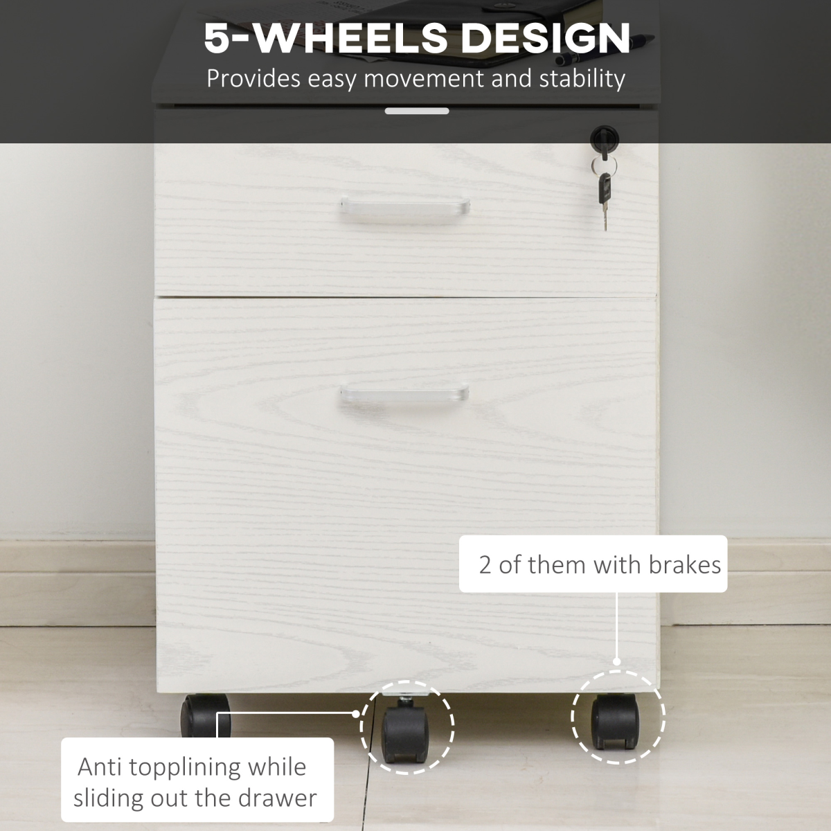 2-Drawer Locking Office Filing Cabinet 5 Wheels Rolling Storage White Vinsetto