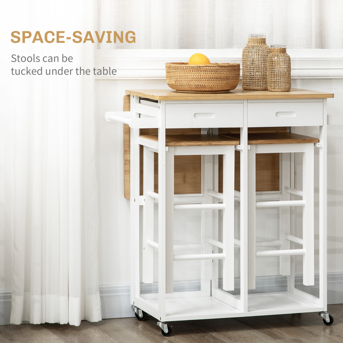 HOMCOM Bamboo Breakfast Cart with Drop Leaf Table and 2 Stools