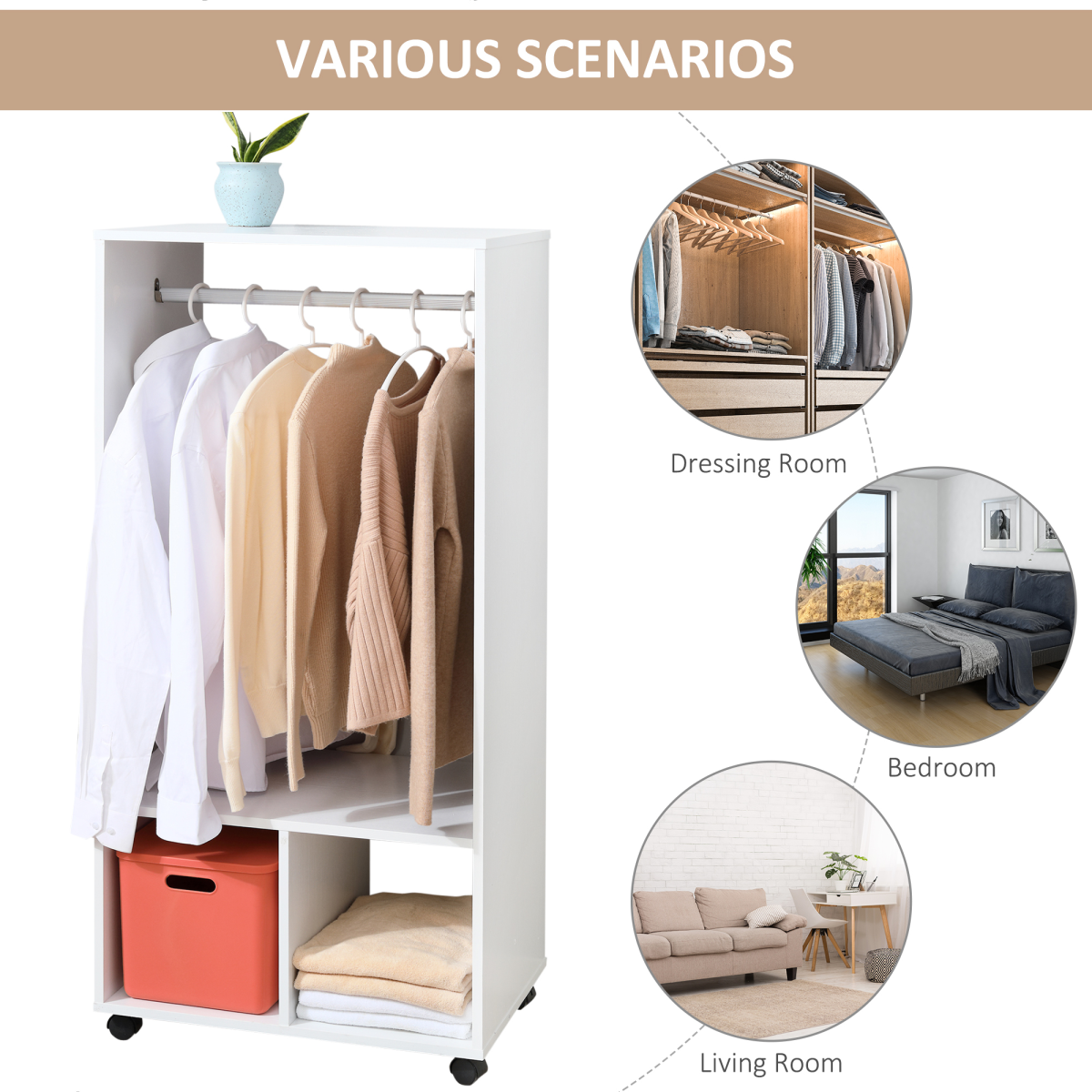 Open Wardrobe Clothes Rail Bedroom Clothes Storage w/ Hanging Rod Shelves White
