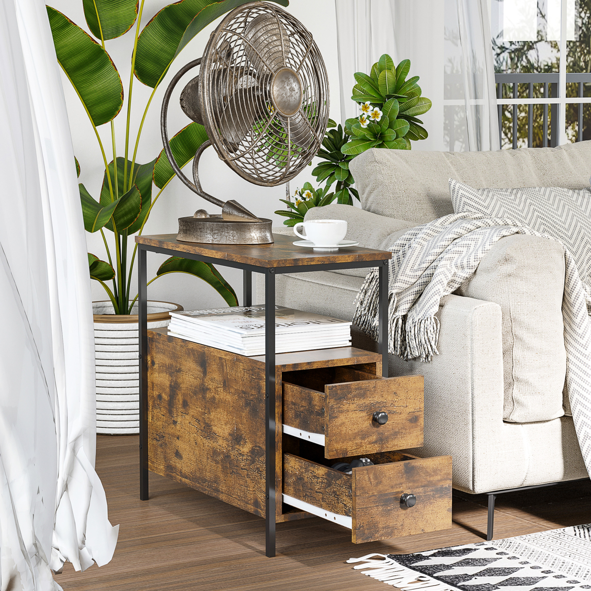 Slim Side Table End Table with 2 Drawers & Storage Shelf for Living Room, Brown