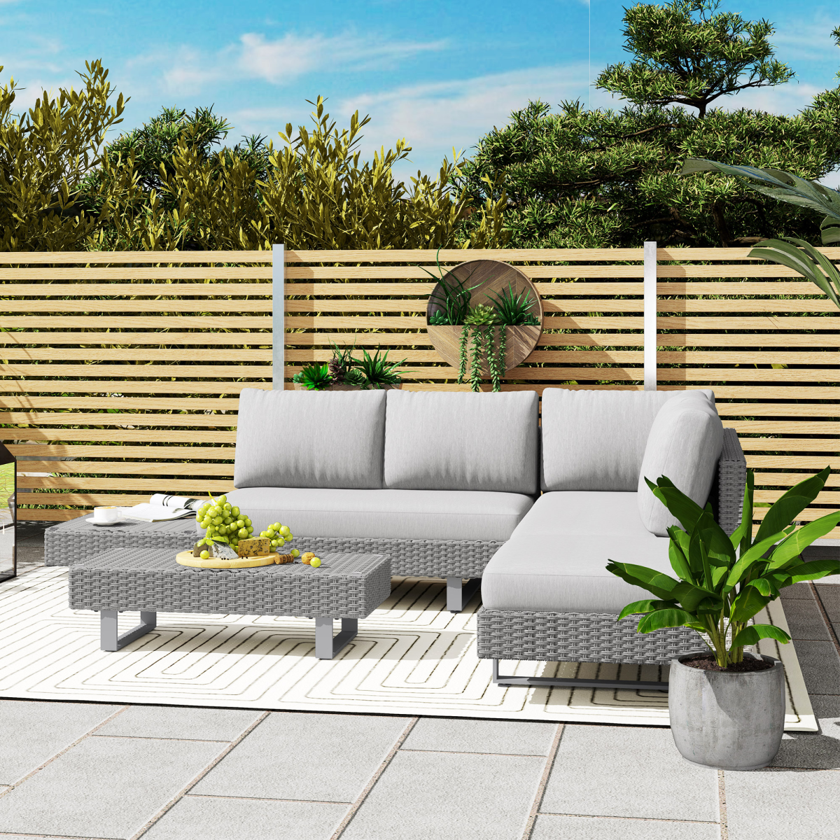 Outsunny 3pc Rattan Wicker Sofa Set with Tea Table & Cushions, Light Grey