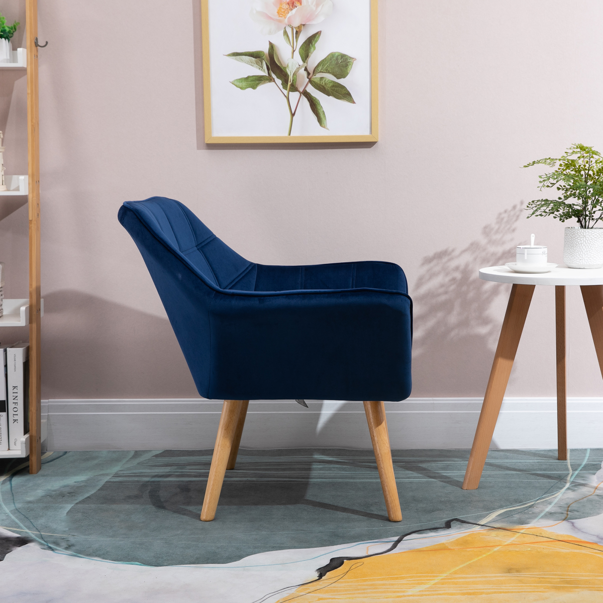 Luxe Velvet-Feel Accent Chair w/ Wide Arms Slanted Back Padding Wood Legs Blue