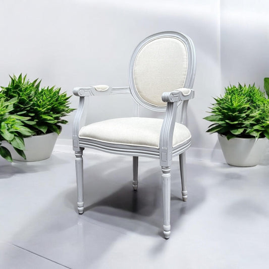 Elegant and Comfortable 94CM Louis Style Cream Linen Armchair - Oak/Grey Frame French Style Dining Chair with High Back Design for Modern Home Décor or Dining Spaces (Grey Frame Cream Linen)