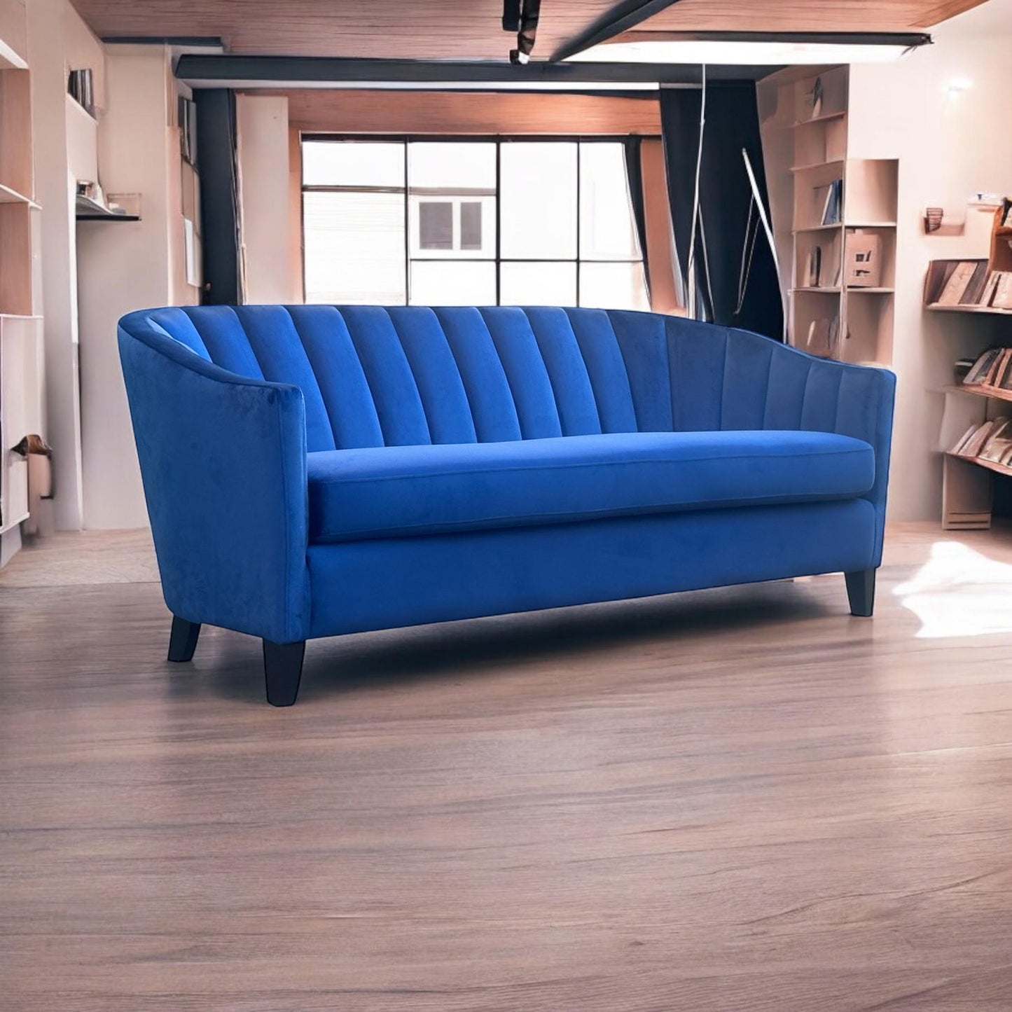 AcaciaHome Durable & Stylish Blue/Pink/Leopard Print Velvet Tub Couch 3-Seater Sofa | Contemporary Drop Arm Design | Comfortable Living Room Seating | Perfect for Home & Office (Blue Velvet)