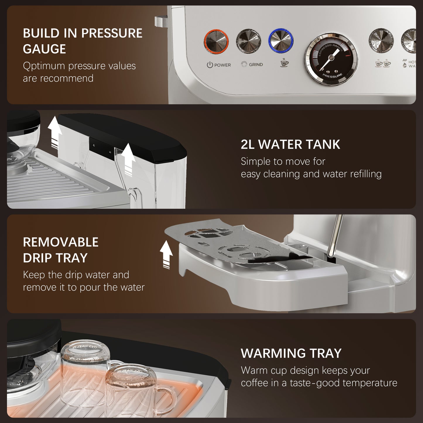 HOMCOM Espresso Machine, Bean Grinder & Steam Wand, 15 Bar Pressure, Silver.