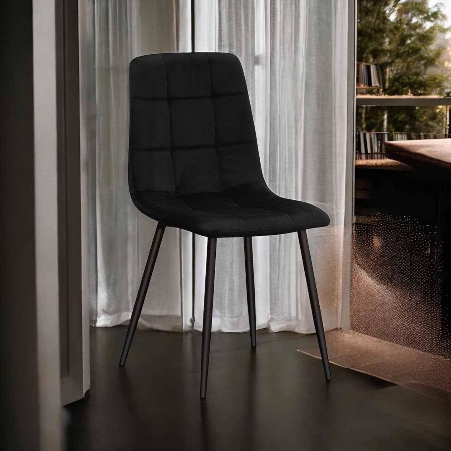 AcaciaHome Modern & Stylish Velvet Cushion Padded Metal Legs Black Dining Chairs - Ergonomic Design Comfortable Chairs Perfect for Kitchen, Dining, Living Room, and etc. (Black Fabric)