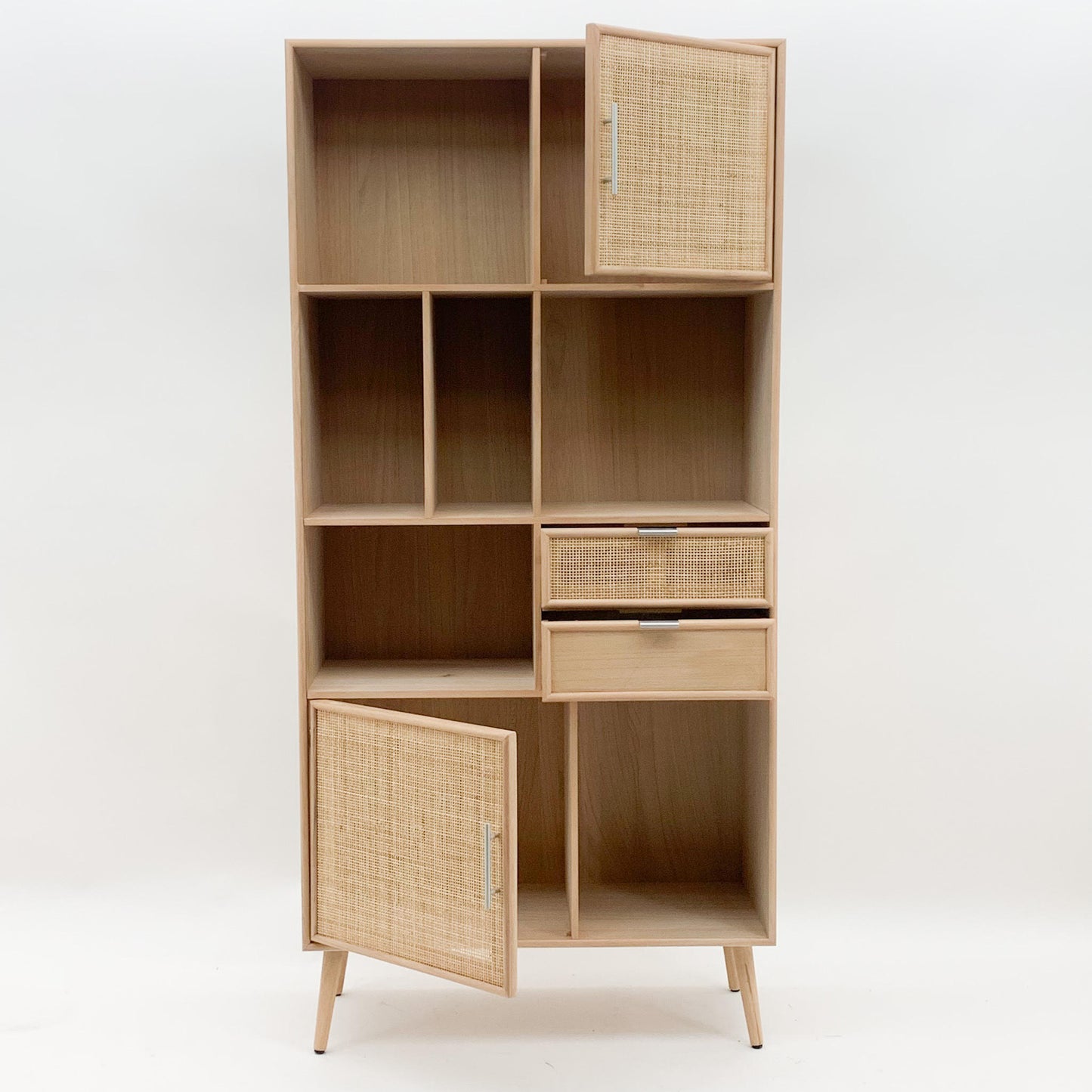 Modern and Elegant 189cm Wooden Display Cabinet with Stylish Glass Shelves for Displaying Antiques, Collectibles, Books, or Decorative in Living Rooms, Dining Rooms, or Home Offices (Light Brown)