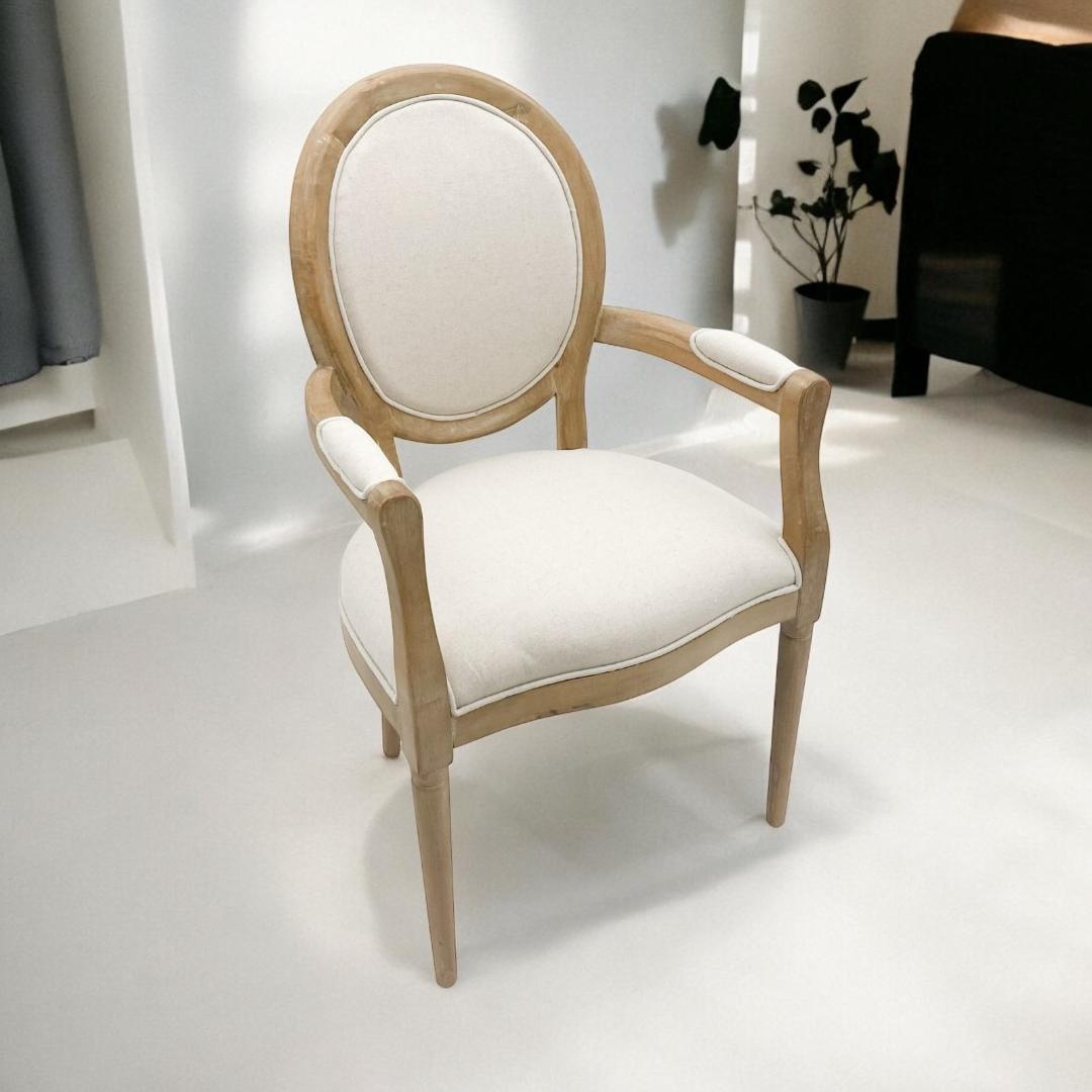 Elegant and Comfortable 94CM Louis Style Cream Linen Armchair - Oak/Grey Frame French Style Dining Chair with High Back Design for Modern Home Décor or Dining Spaces (Grey Frame Cream Linen)
