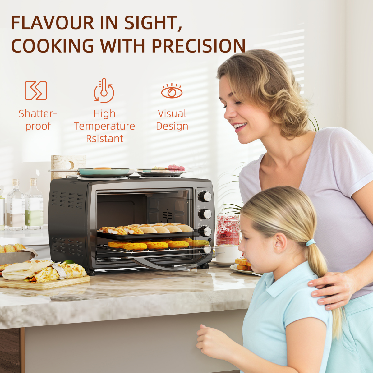 HOMCOM 36L Countertop Toaster Oven with 2 Hot Plates, Grill, Roast, Bake