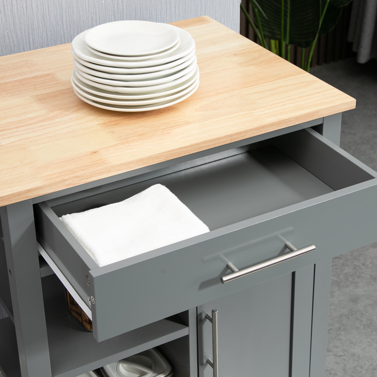 Kitchen Trolley Utility Cart on Wheels with Open Shelf & Storage Drawer Grey