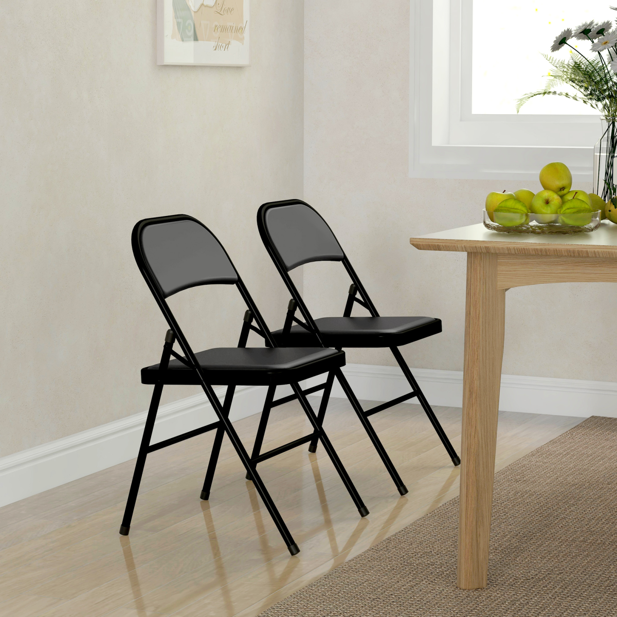 HOMCOM 2 Pack Padded Folding Chairs with Cushioned Seat and Metal Frame Black