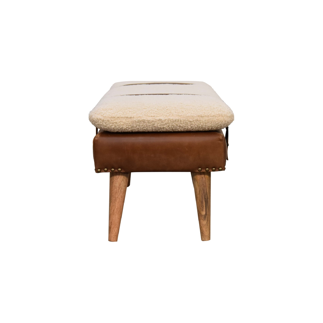 Artisan Furniture BouclÃ© Buffalo Hide Leather Bench, Upholstered, Brown & Cream
