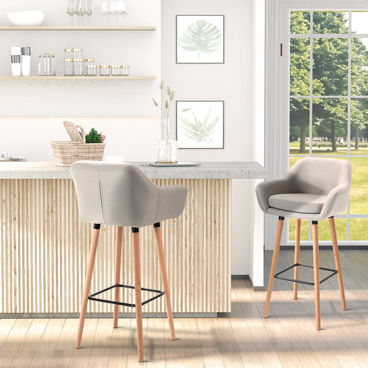 2 PCs Modern Upholstered Fabric Bucket Seat Bar Stools w/ Solid Wood Legs Beige