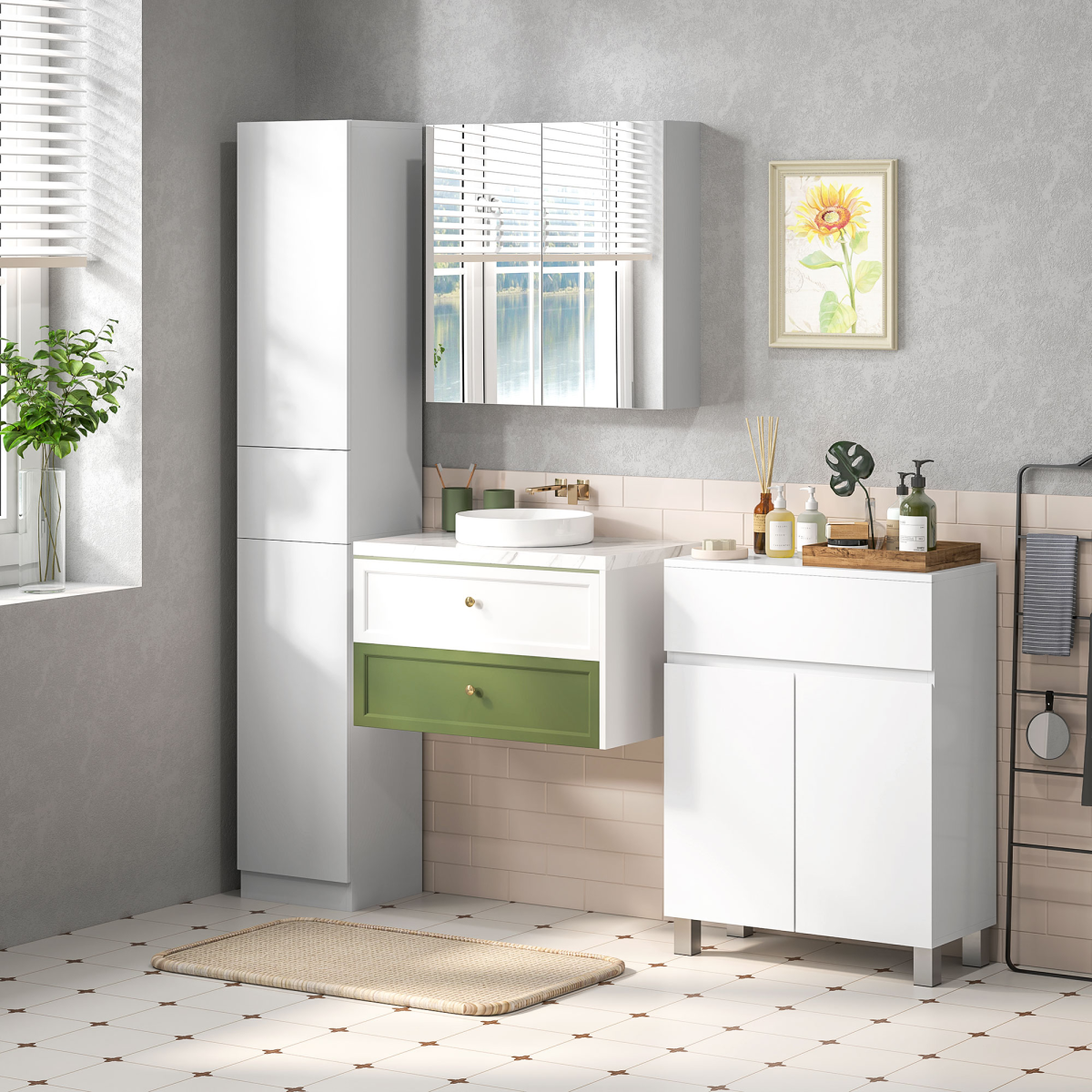 kleankin Wall Mounted Bathroom Storage Cupboard W/ Mirror and Shelf, White