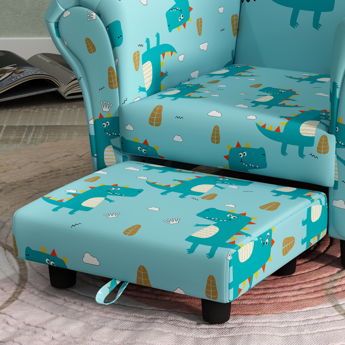 AIYAPLAY 2 Piece Kids Sofa Set with Dinosaur Design, for Nursery, Blue