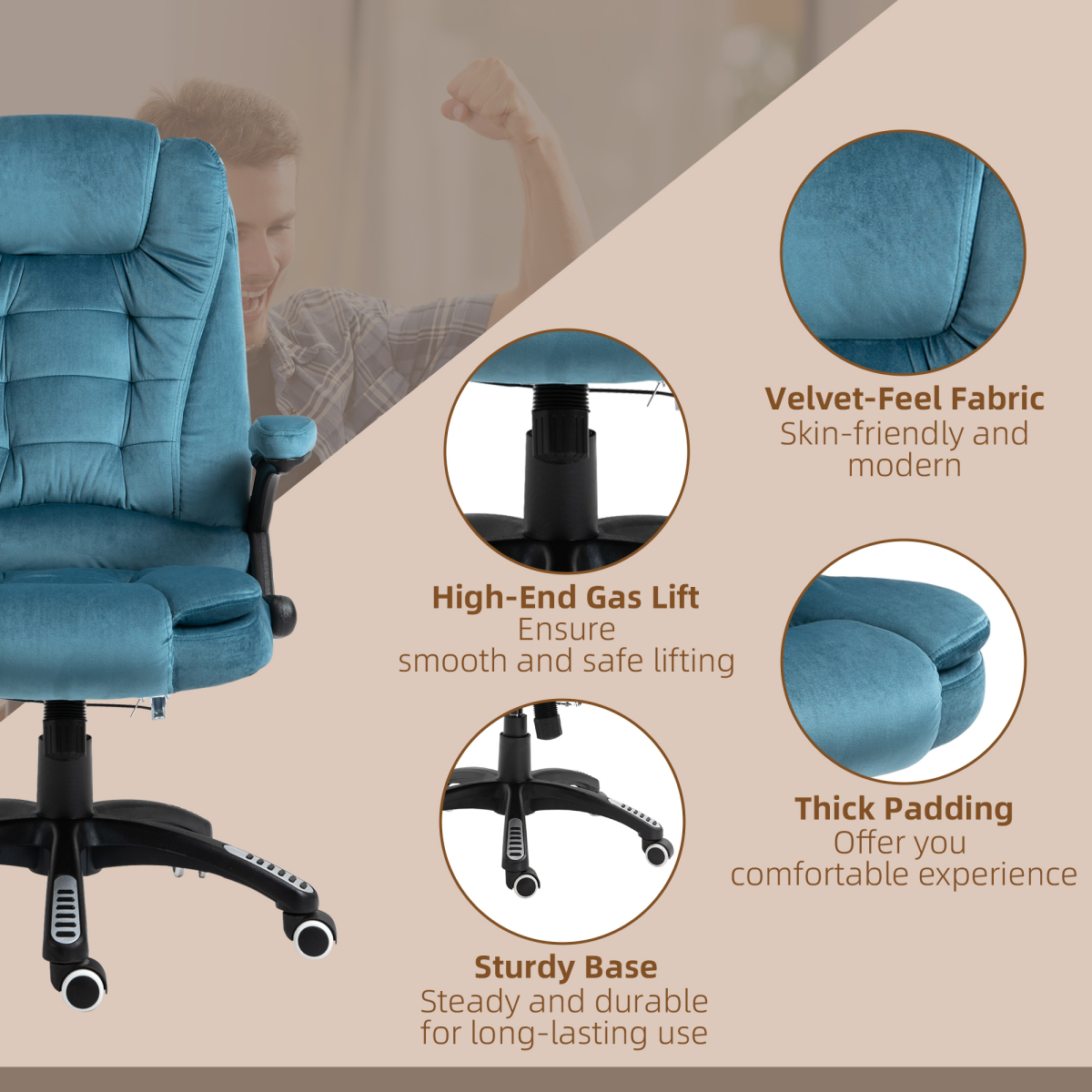 Executive Reclining Chair w/ Heating Massage Points Relaxing Headrest Blue