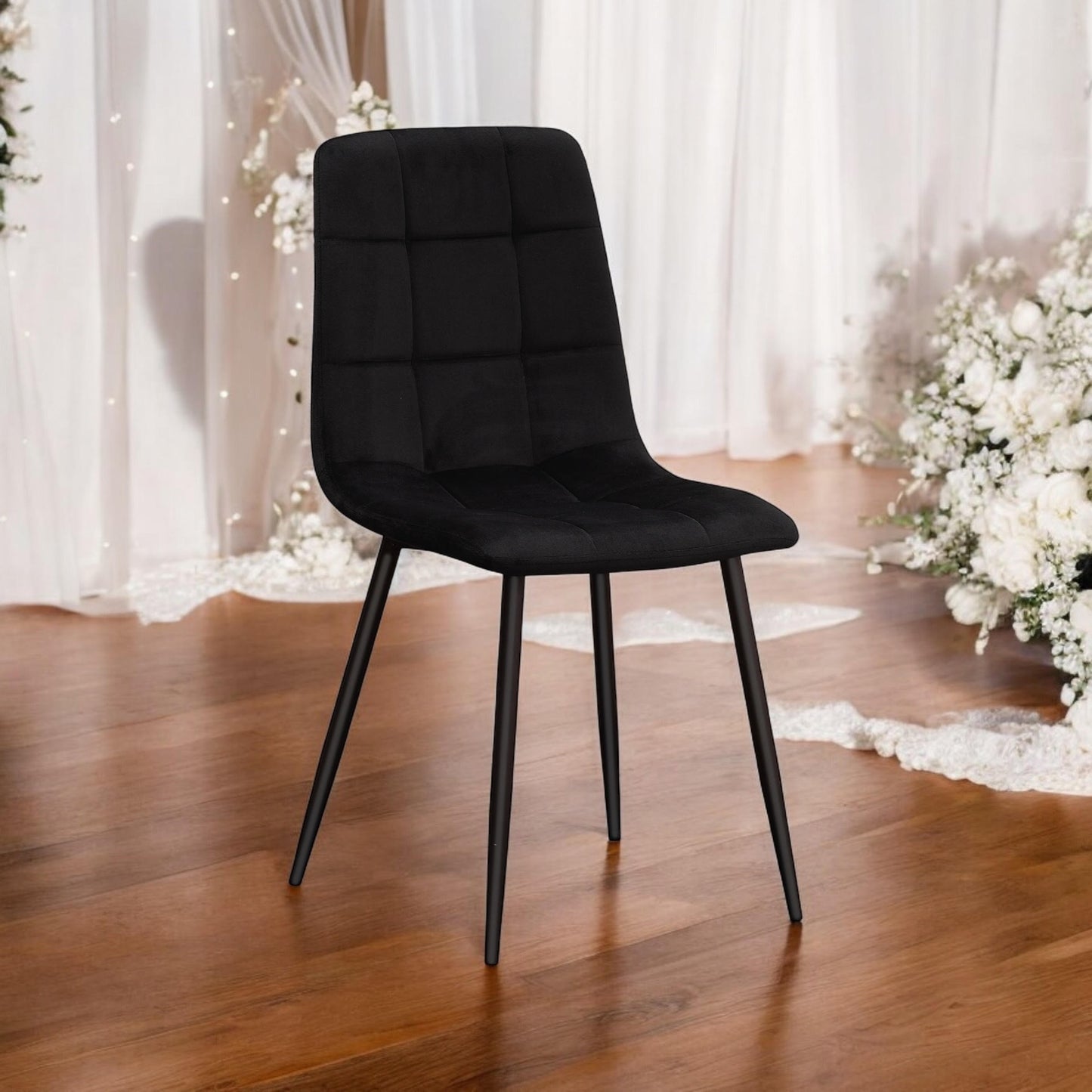 AcaciaHome Modern & Stylish Velvet Cushion Padded Metal Legs Black Dining Chairs - Ergonomic Design Comfortable Chairs Perfect for Kitchen, Dining, Living Room, and etc. (Black Fabric)