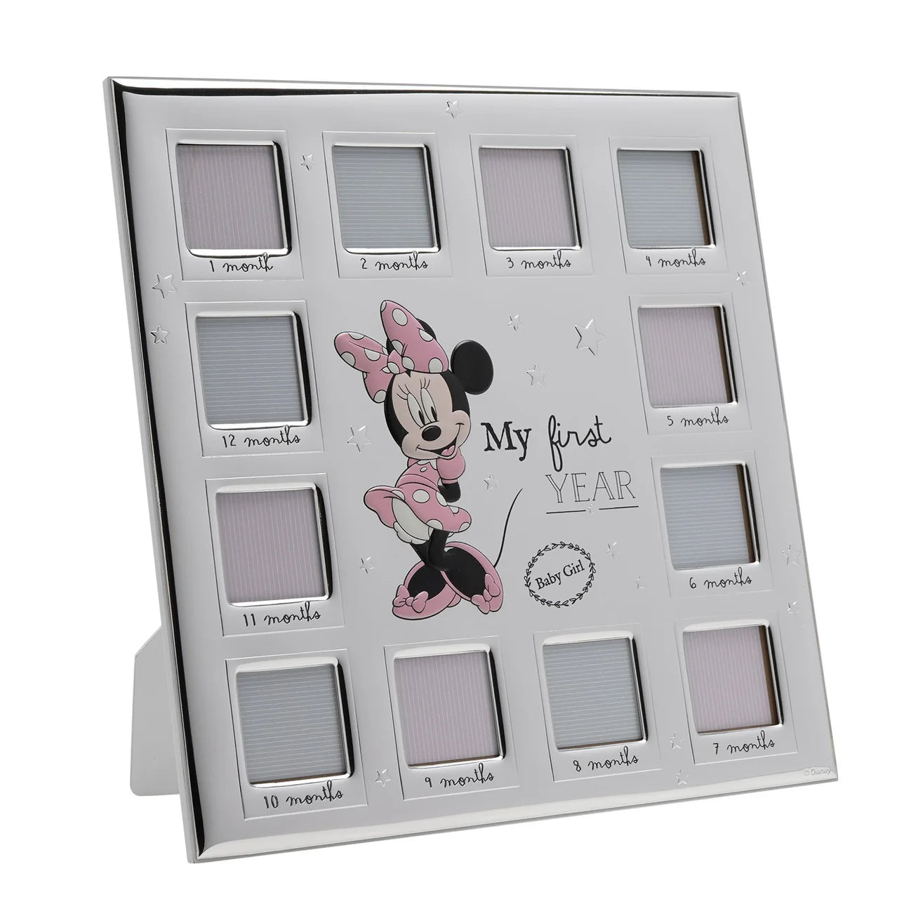 Disney Minnie Mouse 12 Month Multi Aperture Real 999 Silver Plate Frame With White Wooden Back