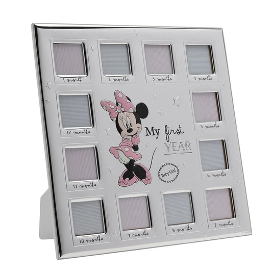 Disney Minnie Mouse 12 Month Multi Aperture Real 999 Silver Plate Frame With White Wooden Back