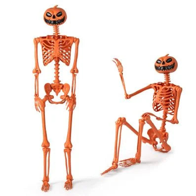 Orange Halloween Skeleton with Pumpkin Head and Movable Joints