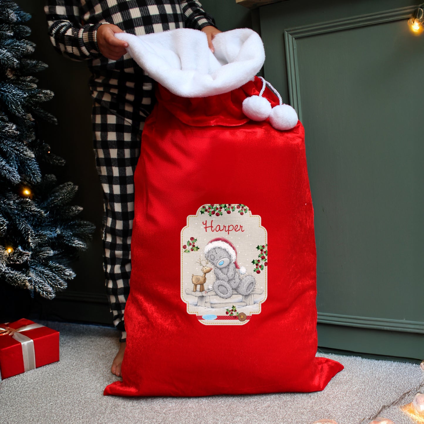 Personalised Me to You Reindeer Luxury Pom Pom Red Sack