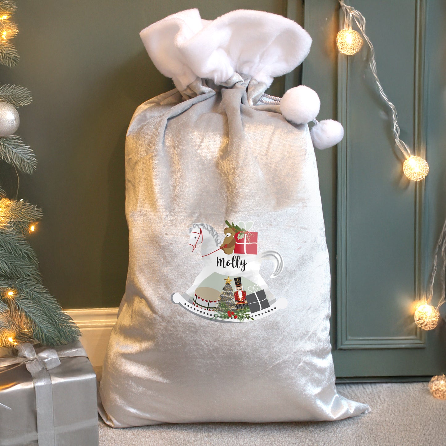 Personalised Rocking Horse Luxury Silver Grey Pom Pom Sack
