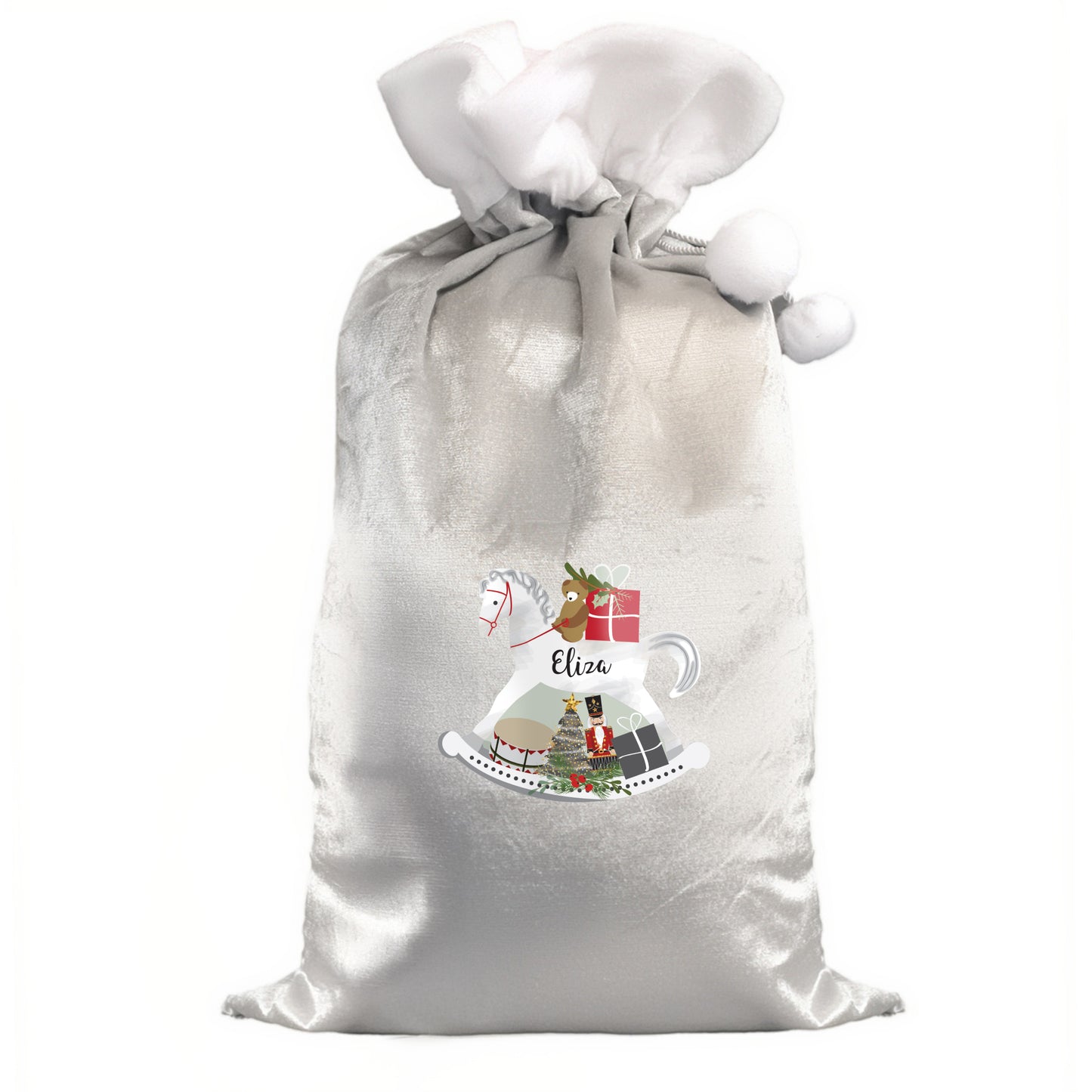 Personalised Rocking Horse Luxury Silver Grey Pom Pom Sack
