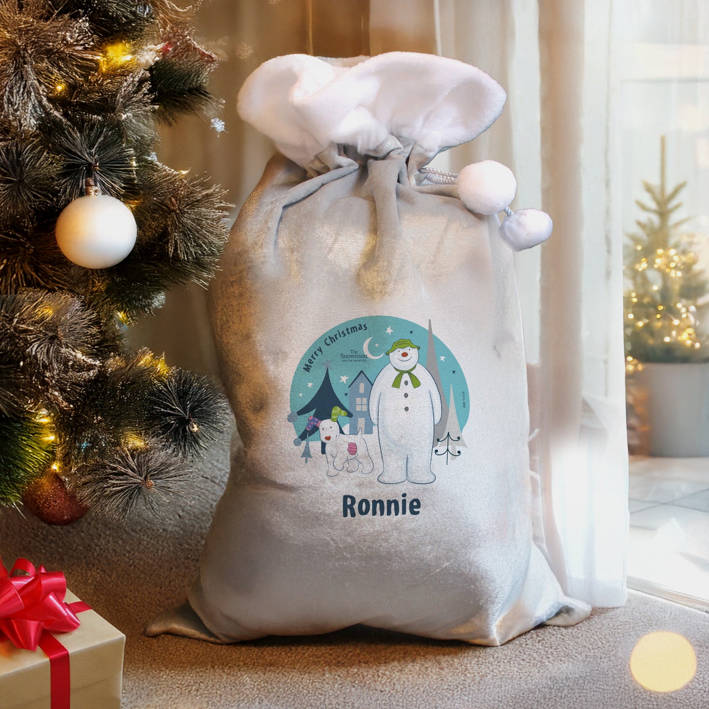 Personalised The Snowman and the Snowdog Luxury Silver Grey Pom Pom Sack