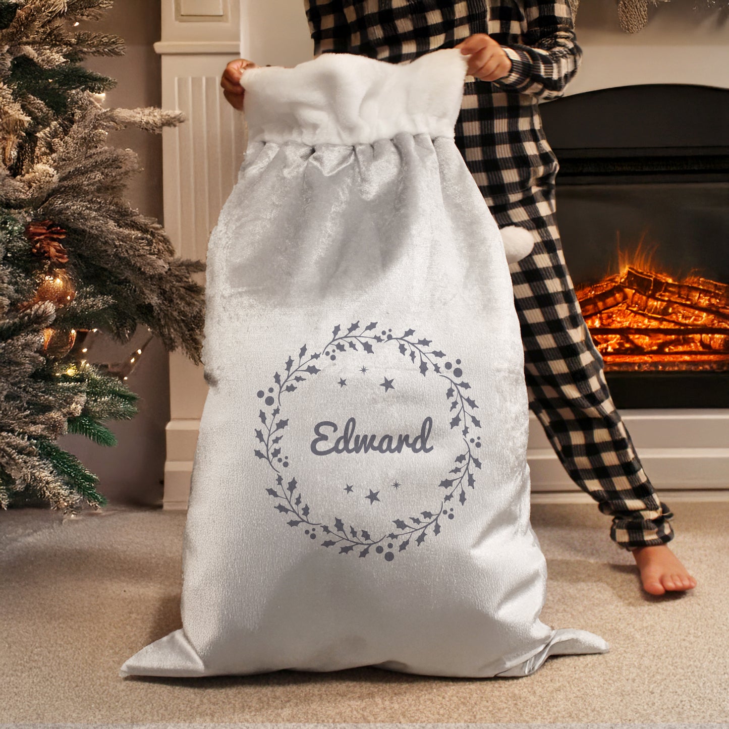 Personalised Holly Grey Christmas Sack