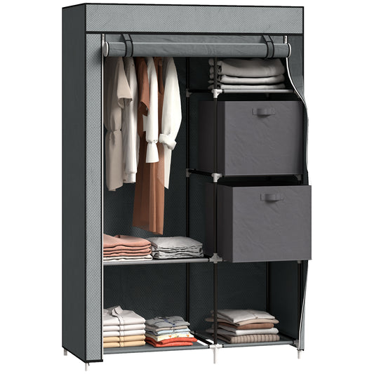 HOMCOM Fabric Portable Wardrobe with 2 Fabric Drawers, Hanging Rail, Grey