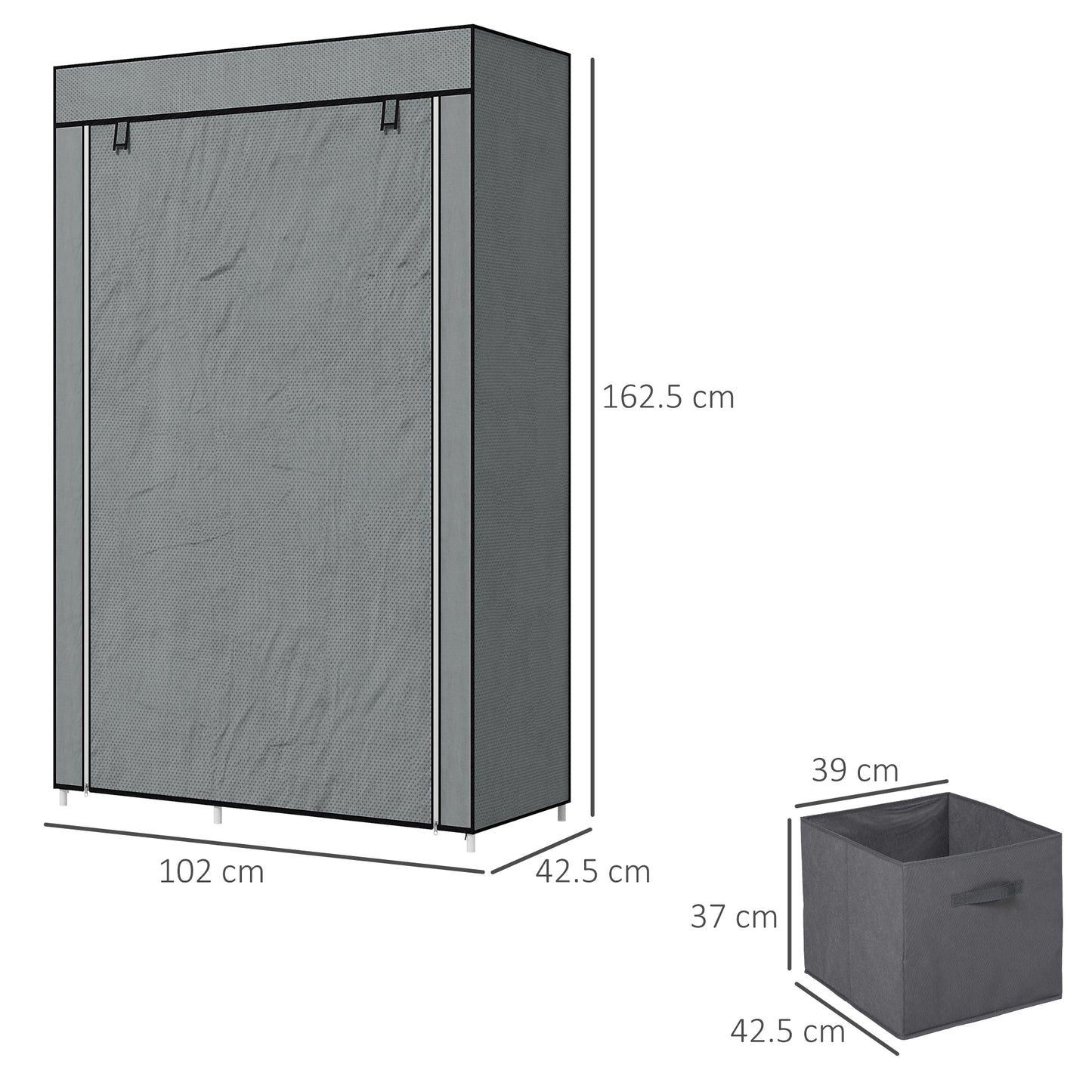 HOMCOM Fabric Portable Wardrobe with 2 Fabric Drawers, Hanging Rail, Grey