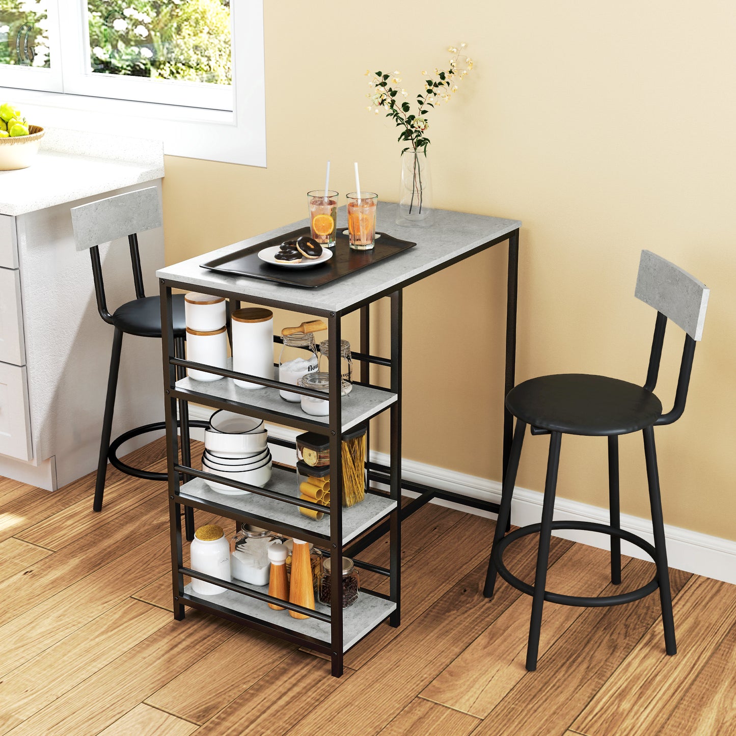 Elegant Light Grey Dining Set - Space-Saving Table and Chairs