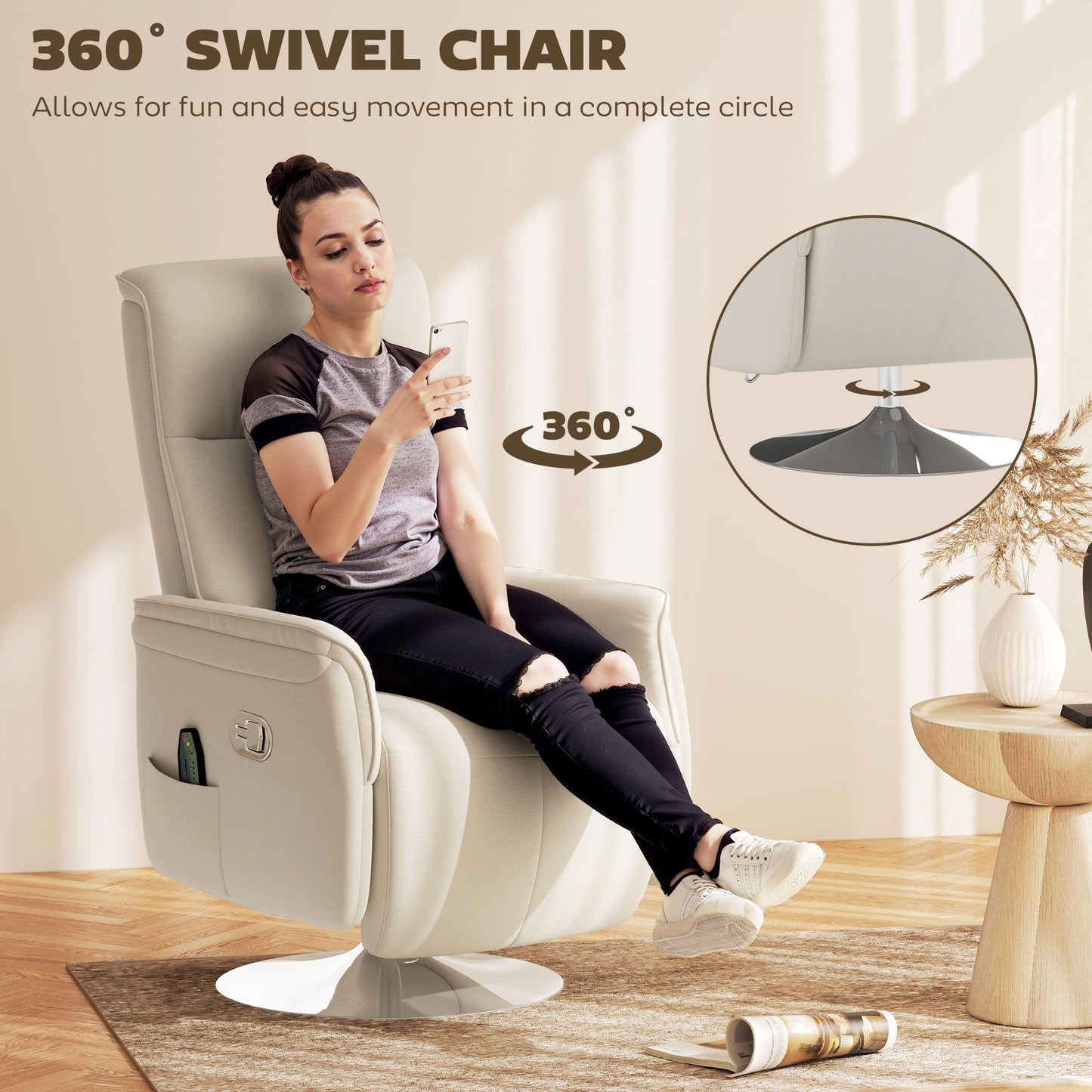 HOMCOM Massage Reclining Chair with Adjustable Backrest, Cream White