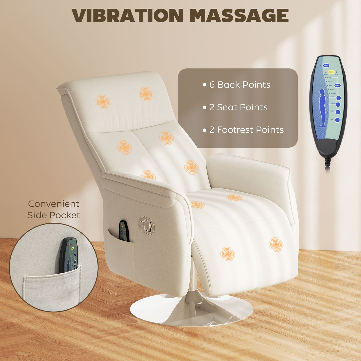 HOMCOM Massage Reclining Chair with Adjustable Backrest, Cream White
