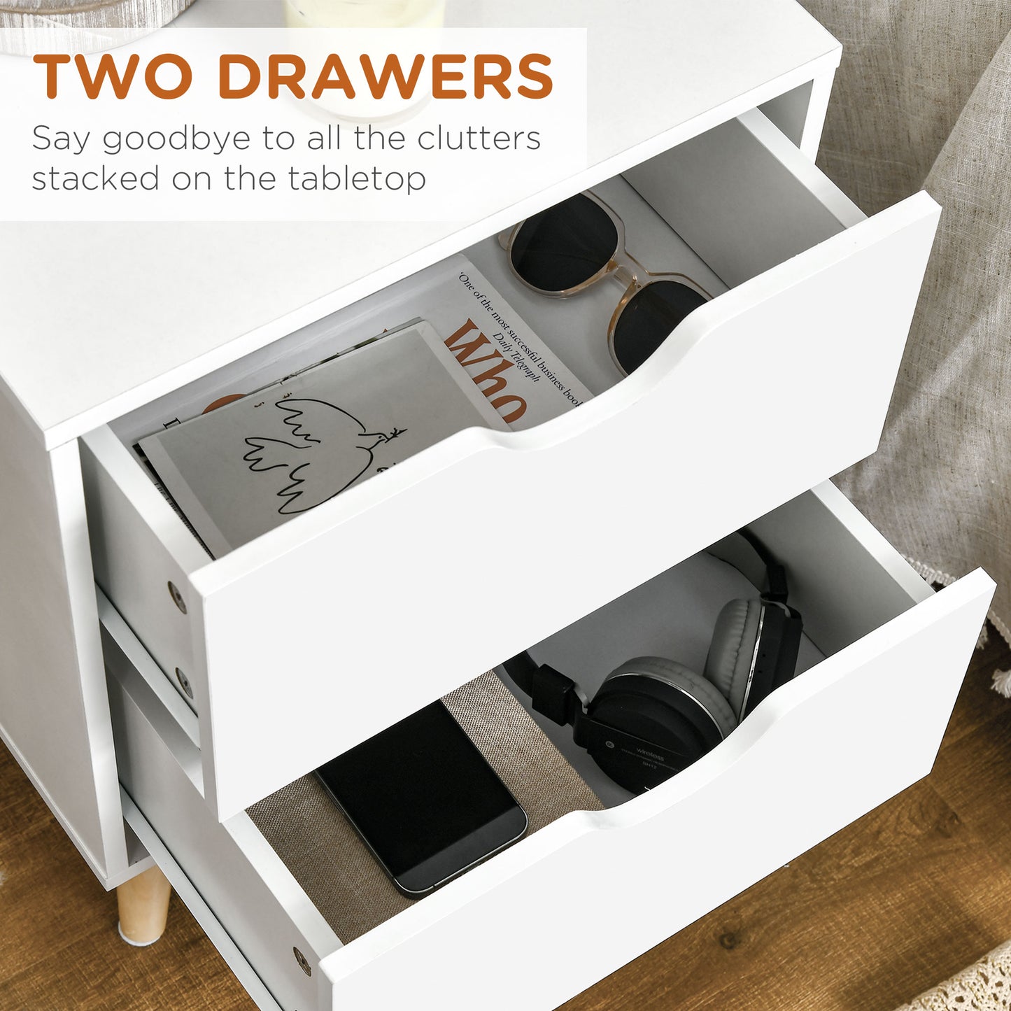 Elegant White Nightstand with Two Drawers and Natural Wood Legs