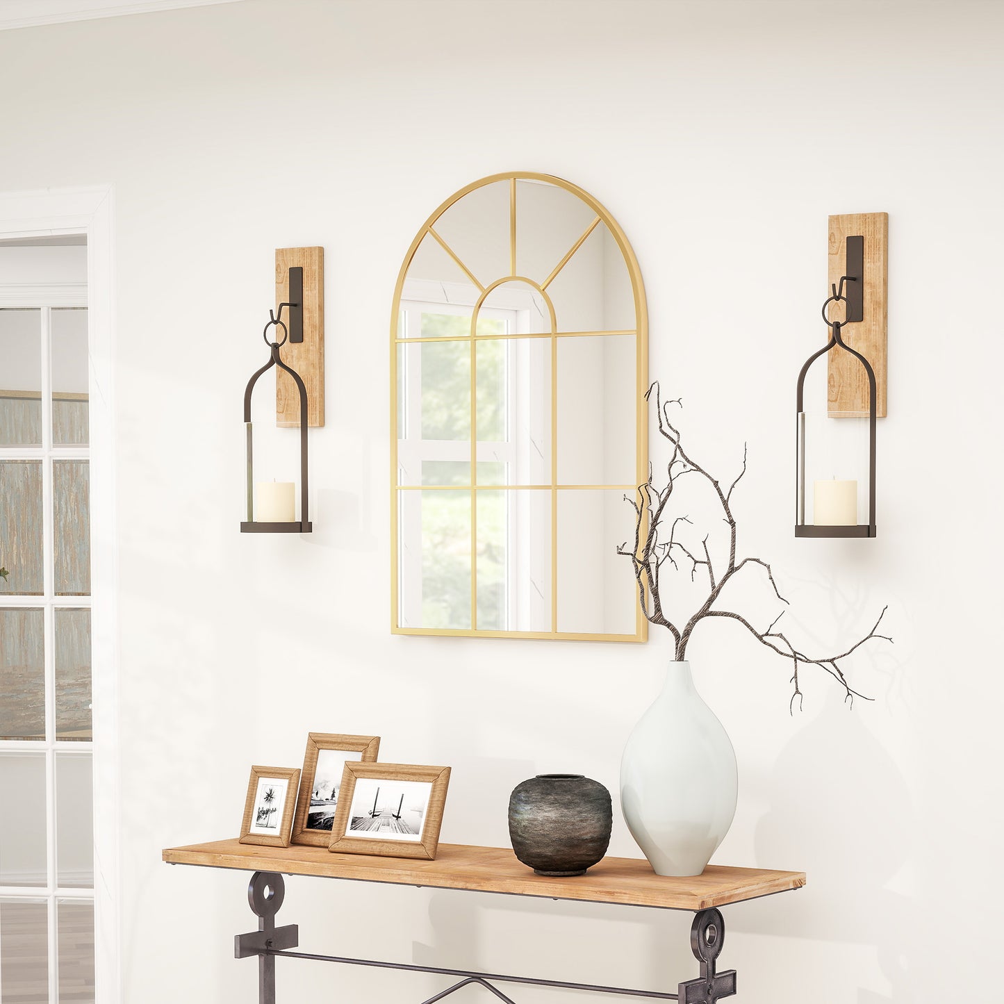 HOMCOM Modern Arched Window Wall Mirror for Bedroom, 91x60cm, Gold Tone