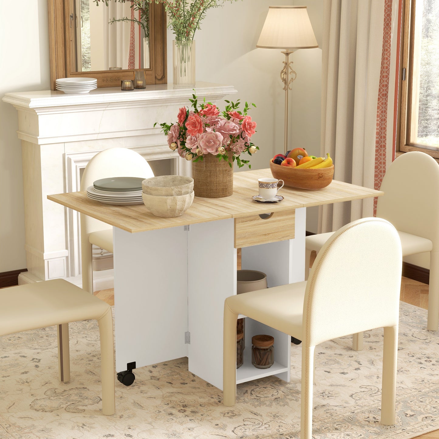 HOMCOM Foldable Dining Table, Drop Leaf Table with Storage for Kitchen, Oak