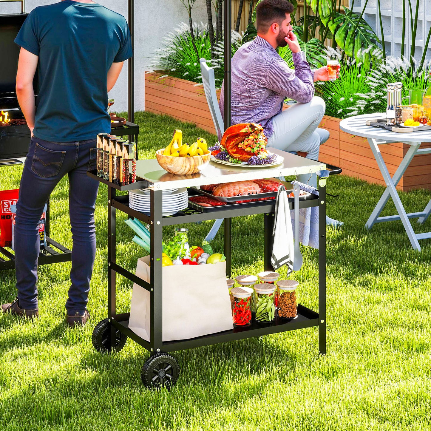 Outsunny BBQ Trolley with Stainless Steel Top, Movable Pizza Table, Black