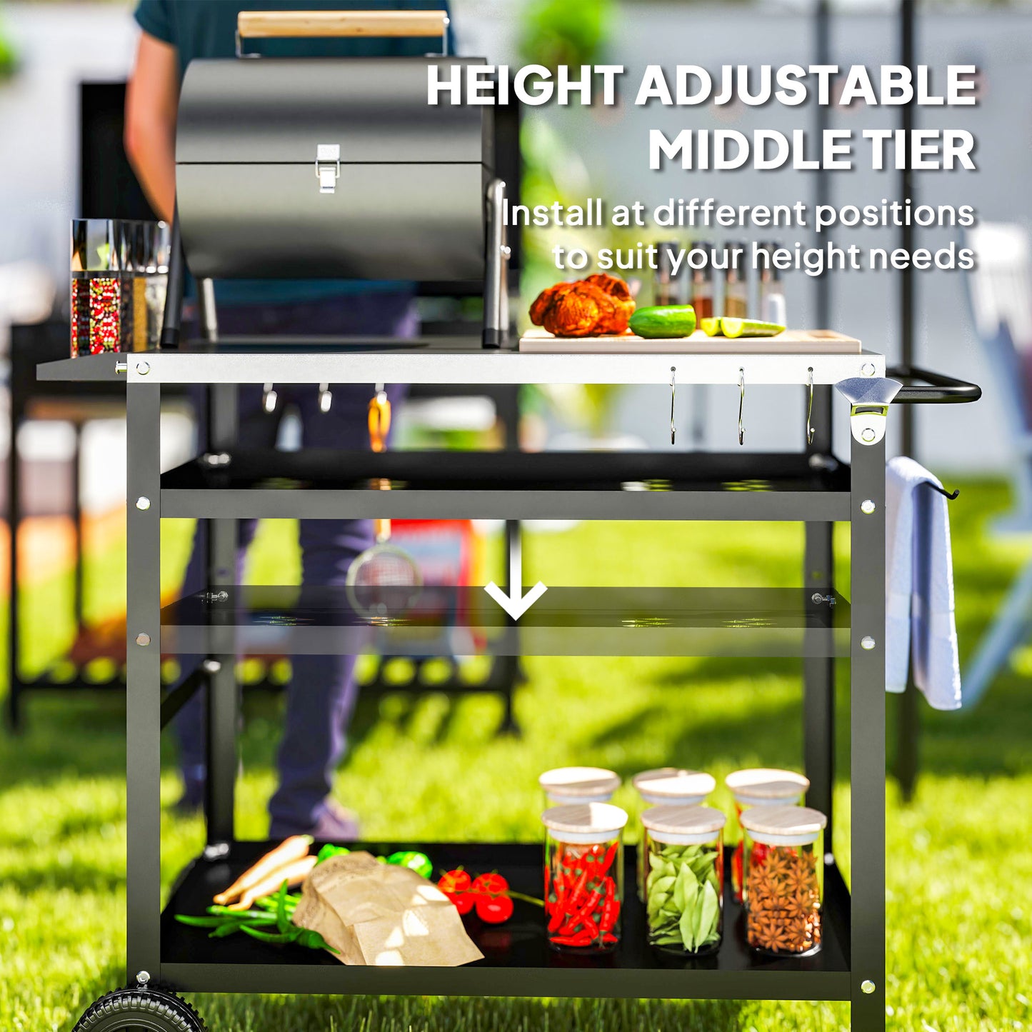 Outsunny BBQ Trolley with Stainless Steel Top, Movable Pizza Table, Black