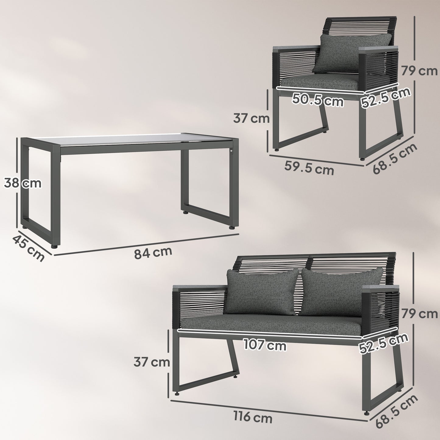 Outsunny 4 Pieces Rattan Garden Furniture Set for 4 Person, Charcoal Grey