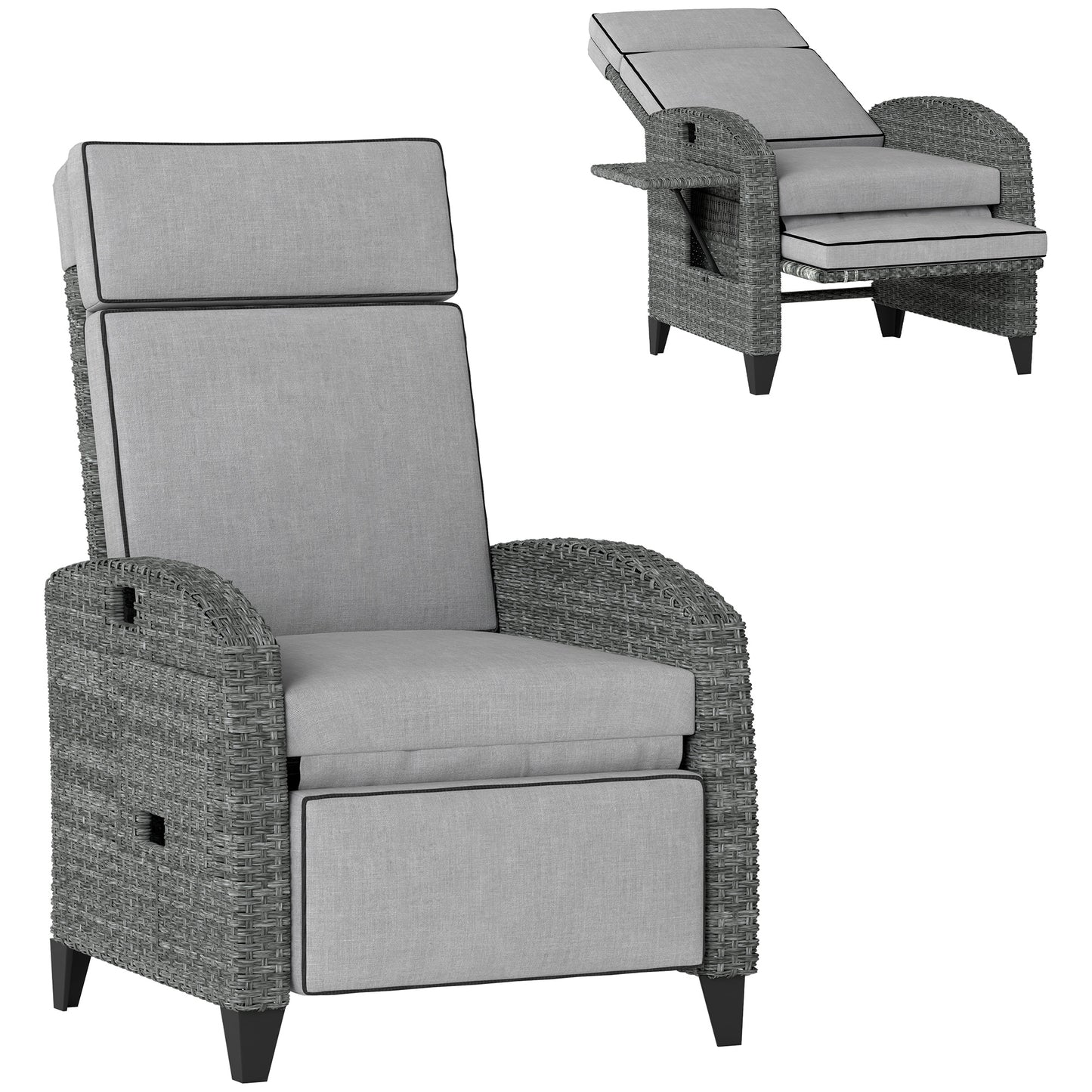 Outsunny Outdoor Recliner Chair w/ Cushion Rattan Reclining Lounge Chair, Grey