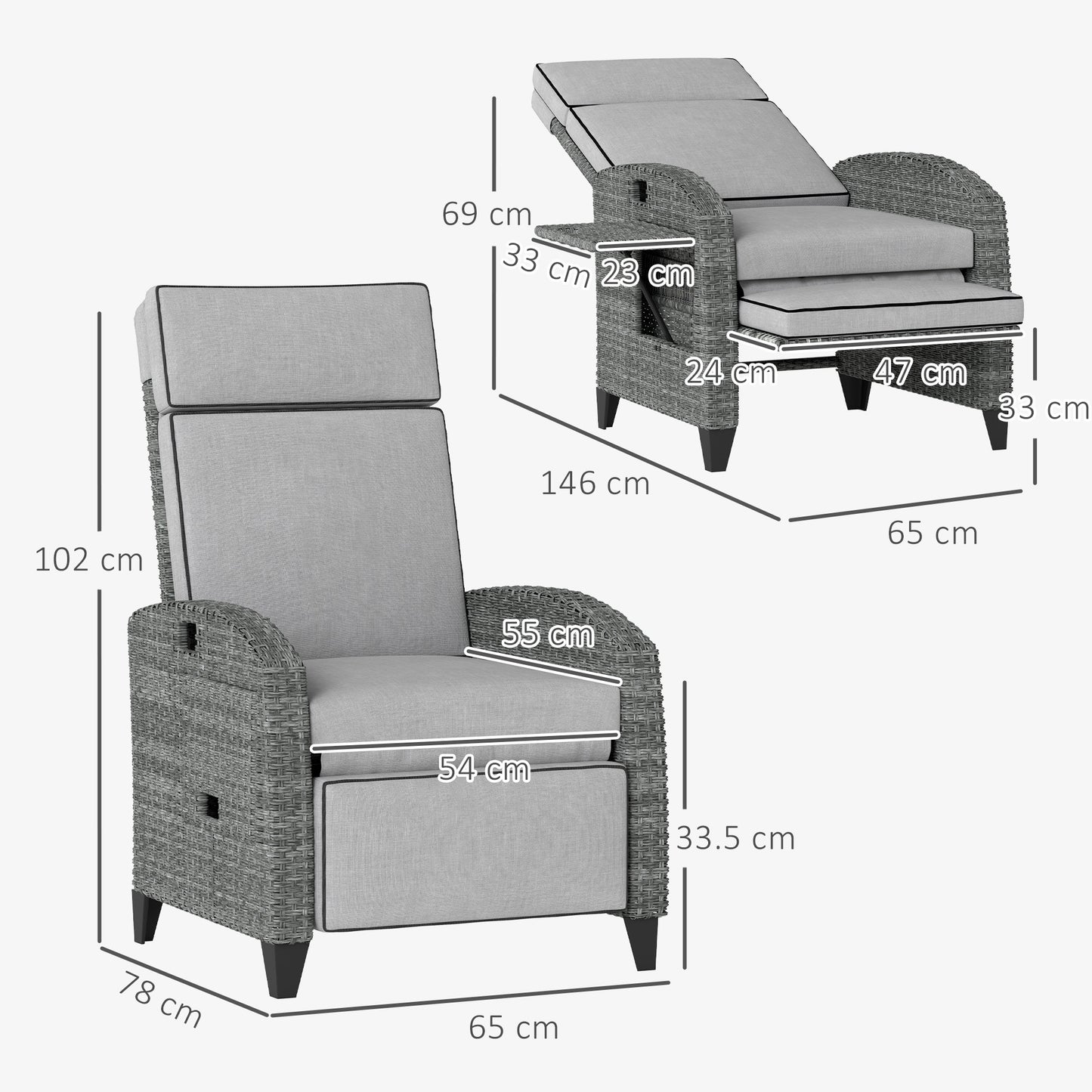 Outsunny Outdoor Recliner Chair w/ Cushion Rattan Reclining Lounge Chair, Grey