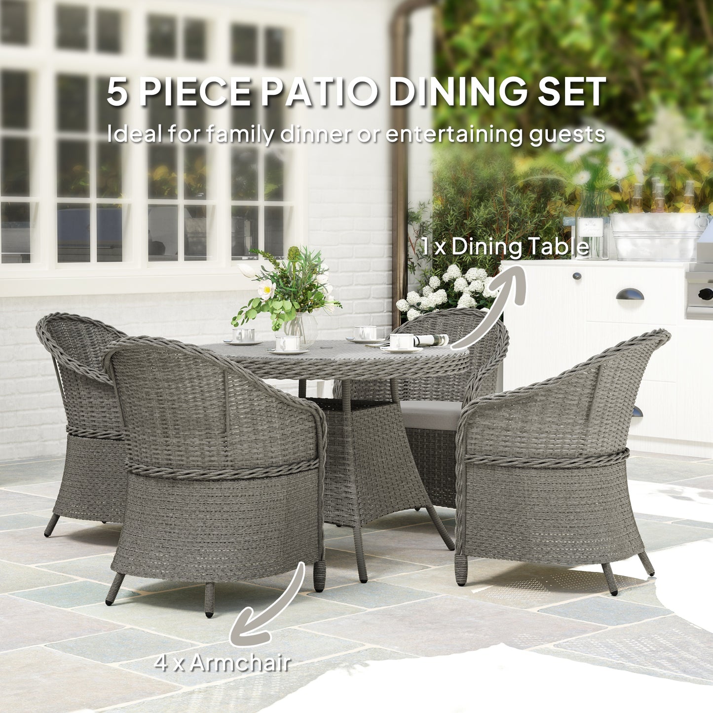 Outsunny Rattan Dining Set for 4 with Cushions and Umbrella Hole, Grey