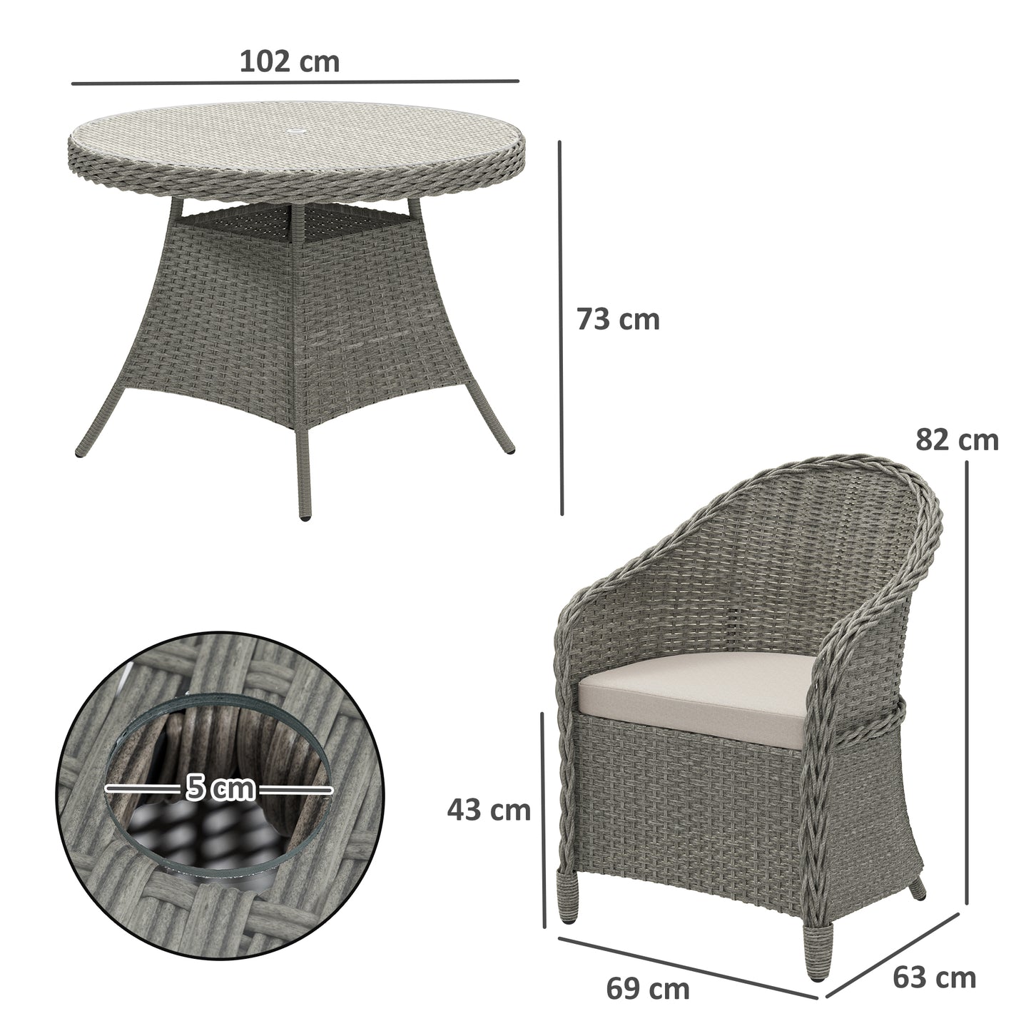 Outsunny Rattan Dining Set for 4 with Cushions and Umbrella Hole, Grey