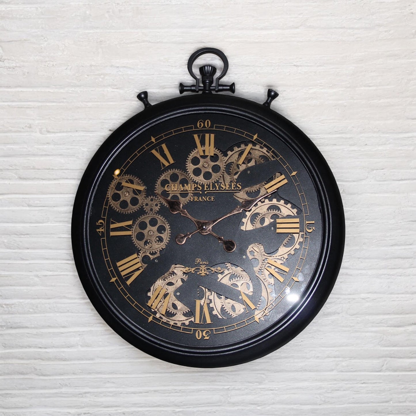 Beautiful and Durable 60cm Black & Gold Wall Clock – Roman Numerals with Moving Gears, Sleek Modern Design, Iron Frame, Decorative Centrepiece for Home, Living Room, and Office