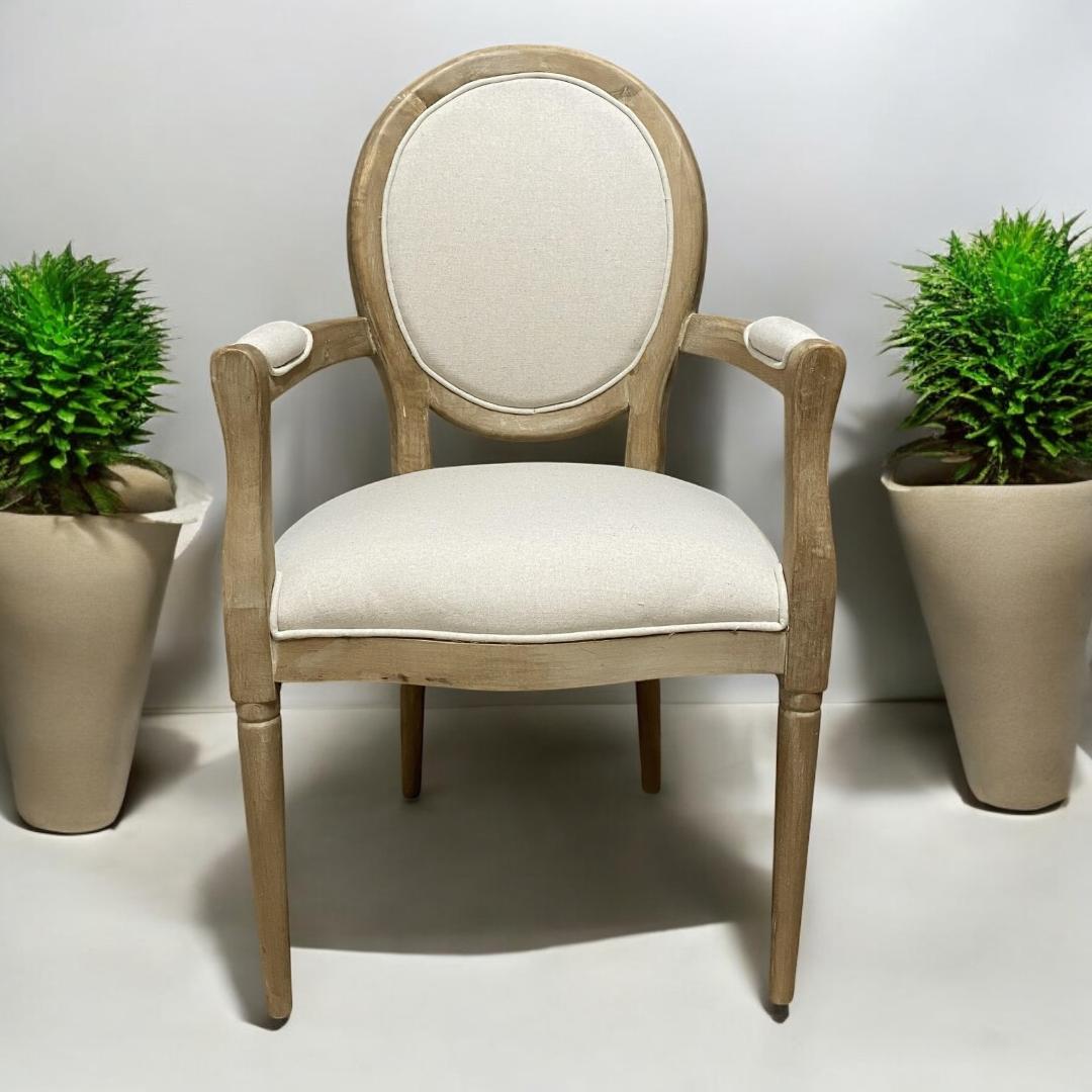 Elegant and Comfortable 94CM Louis Style Cream Linen Armchair - Oak/Grey Frame French Style Dining Chair with High Back Design for Modern Home Décor or Dining Spaces (Grey Frame Cream Linen)