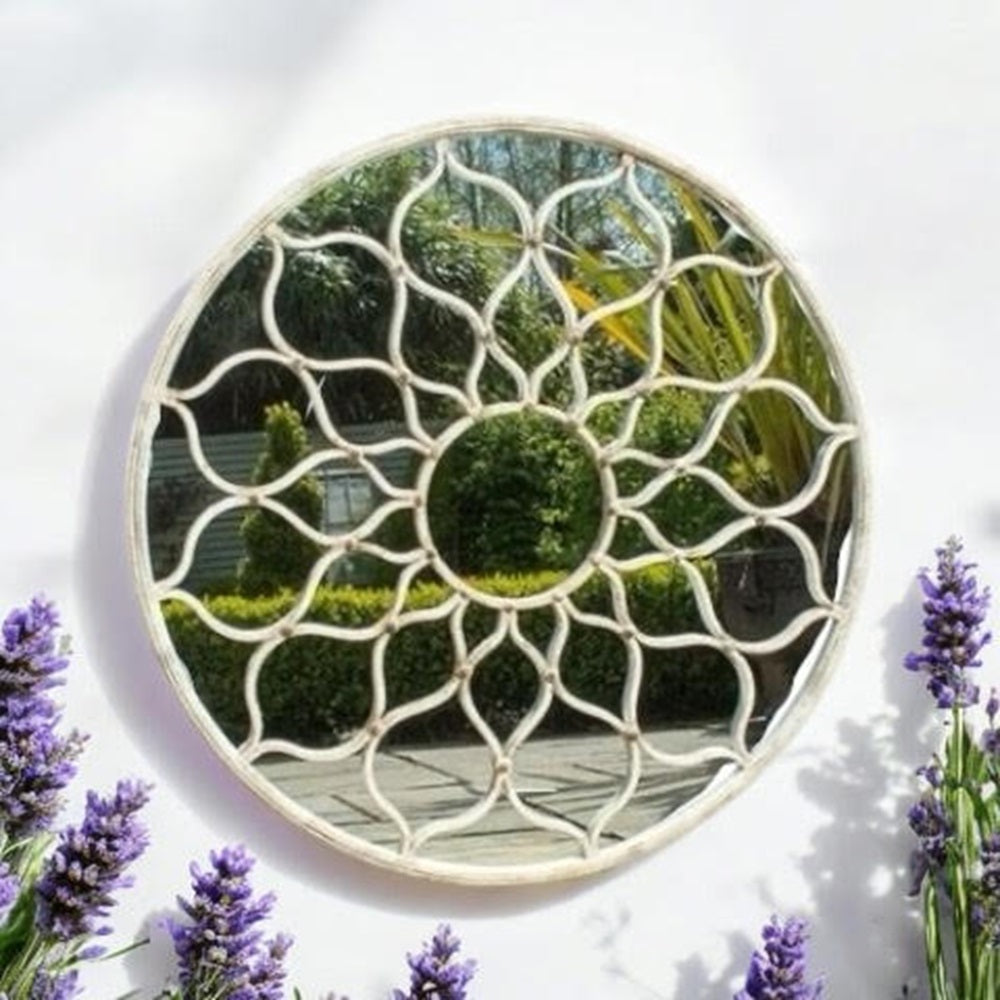 Elegant 60CM Framed Round Wall Mirror - Textured Cast Iron Frame with Mid-Century Modern Style, Ideal for Offices, Dressing Rooms, Guestrooms, or Garden Spaces (Grey Floral Mirror)