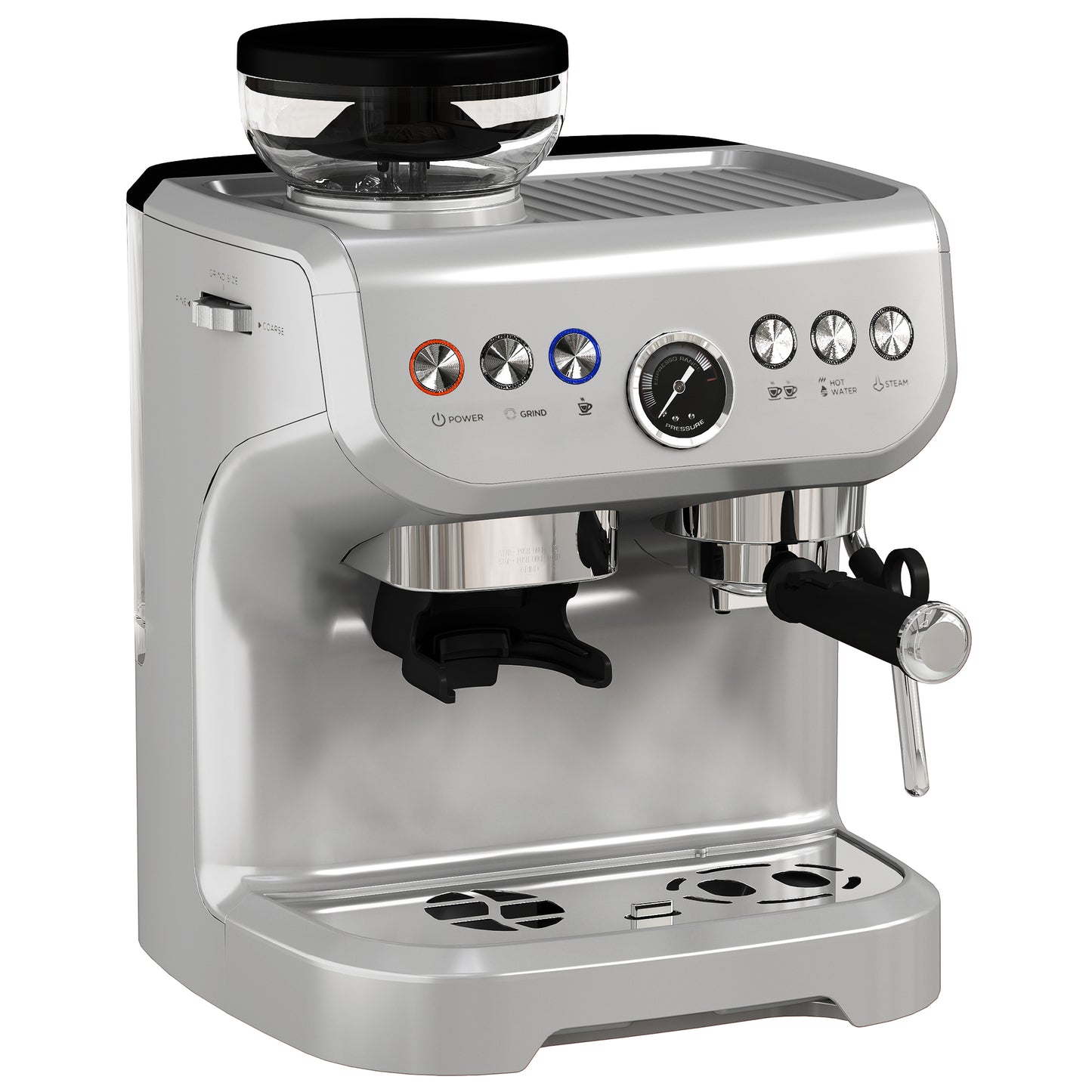 HOMCOM Espresso Machine, Bean Grinder & Steam Wand, 15 Bar Pressure, Silver.